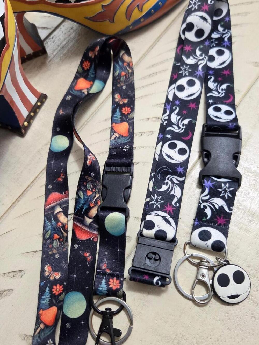 Set of 2 Halloween Themed Lanyards with Jack Skellington and Mushroom Designs